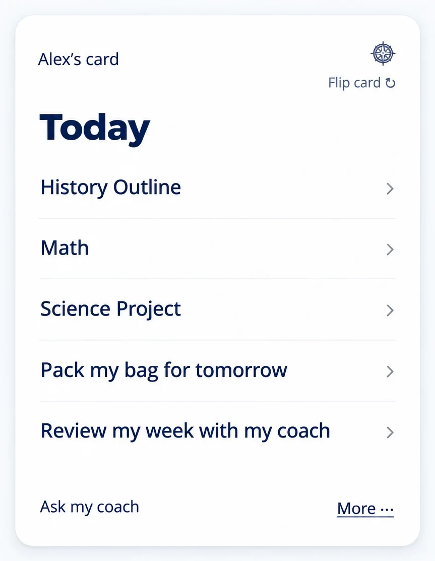 Example student plan with five school and planning tasks.